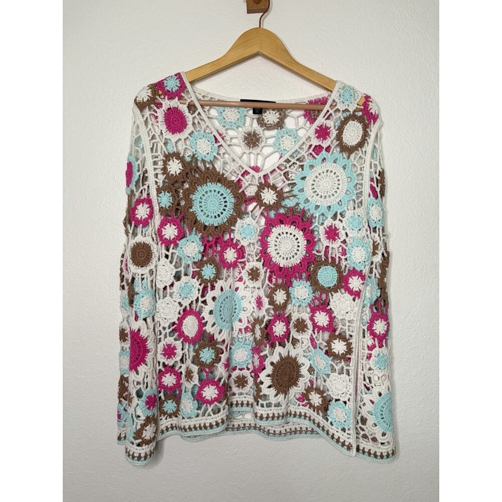 Boston Proper Crochet Top Flare Sleeve Pullover Multi Color Floral Size Medium